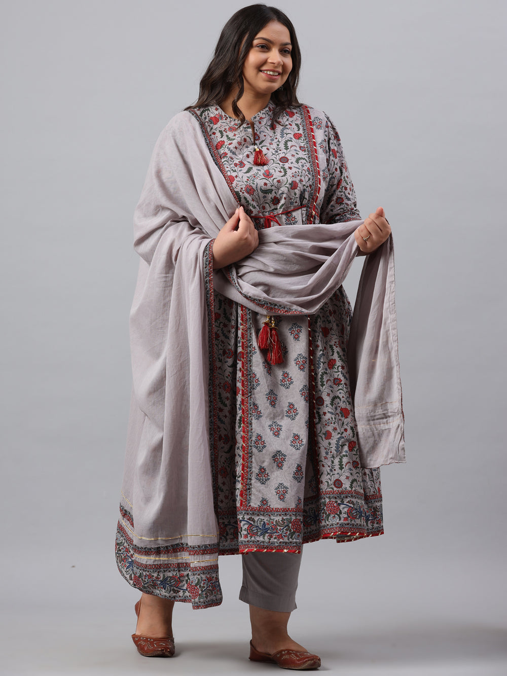 Juniper Women`s Grey Cambric Fusion Wear Printed A-Line Kurta Sets - Distacart