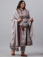 Thumbnail for Juniper Women`s Grey Cambric Fusion Wear Printed A-Line Kurta Sets - Distacart