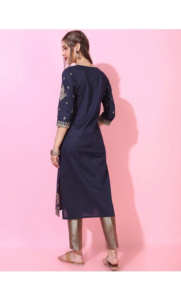 Maai Rayon Hand Printed Kurta Navy - Distacart