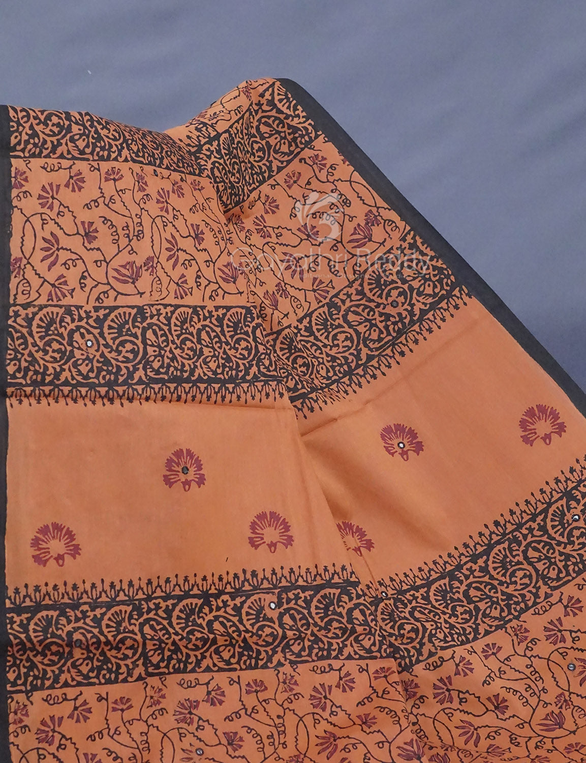 Dark Mustard Colour Block Print With Mirron Embroidered Pure Mulmul Cotton Saree By Gayathri Reddy Designer Studio - Distacart