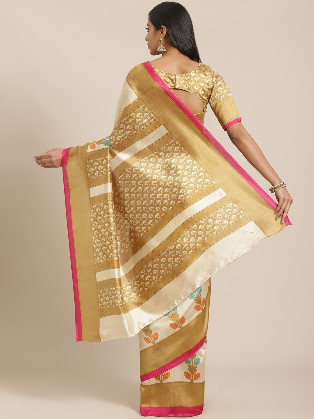Saree Mall Beige & Pink Ethnic Motifs Print Saree - Distacart