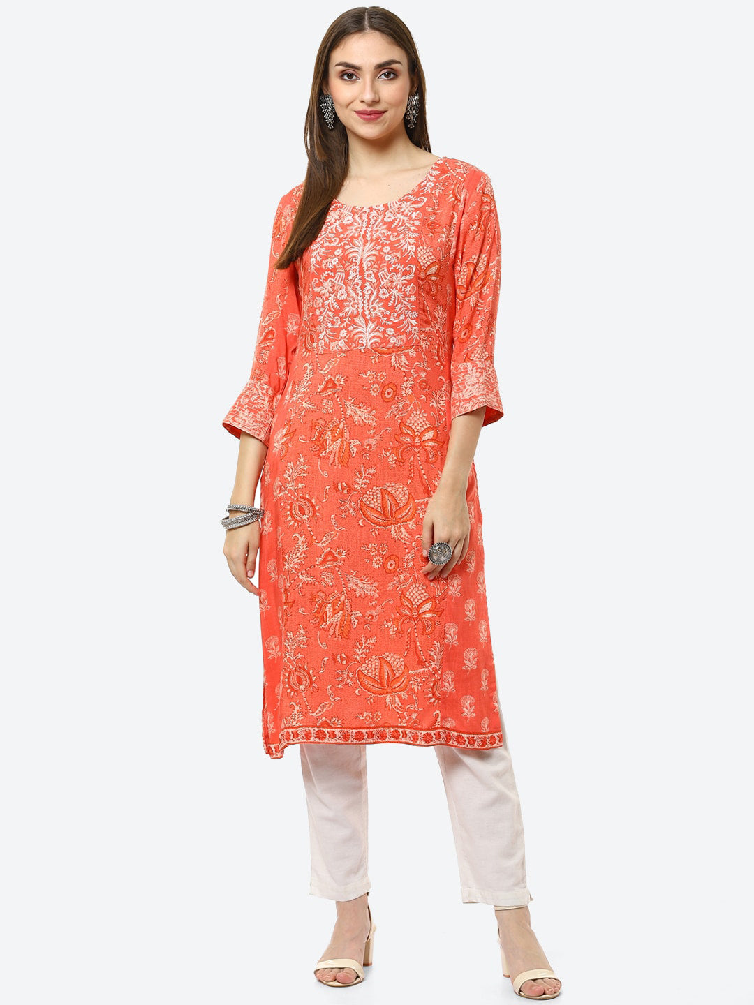 Biba Women Coral Orange Printed Kurta - Distacart