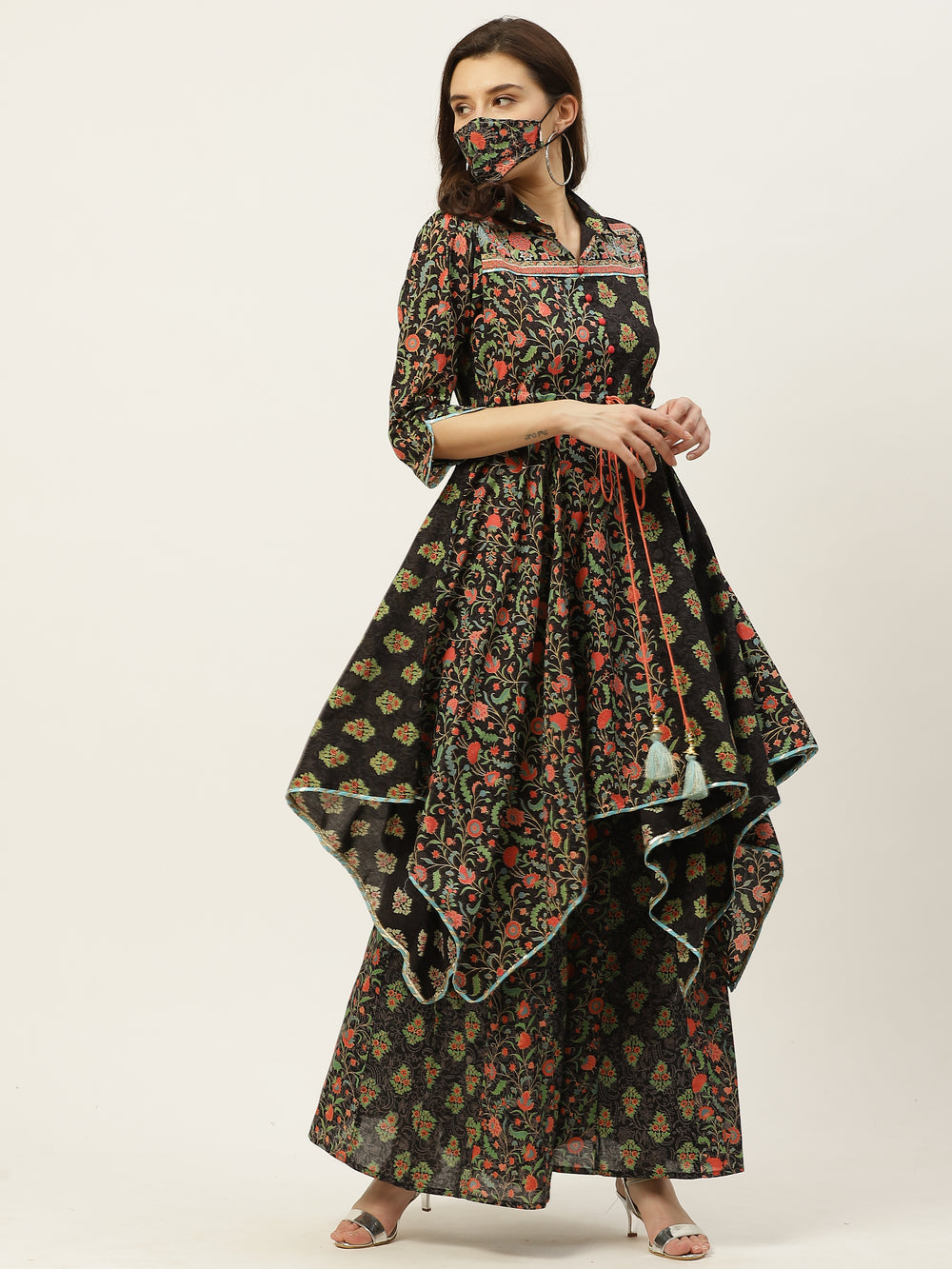 Juniper Women's Black Cambric Printed Asymmetric Clothing Set - Distacart