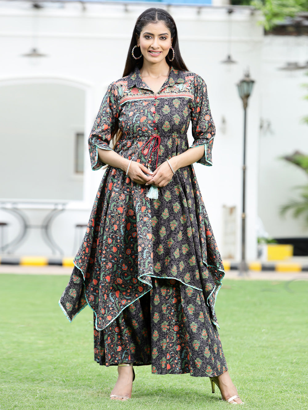 Juniper Women's Black Cambric Printed Asymmetric Clothing Set - Distacart