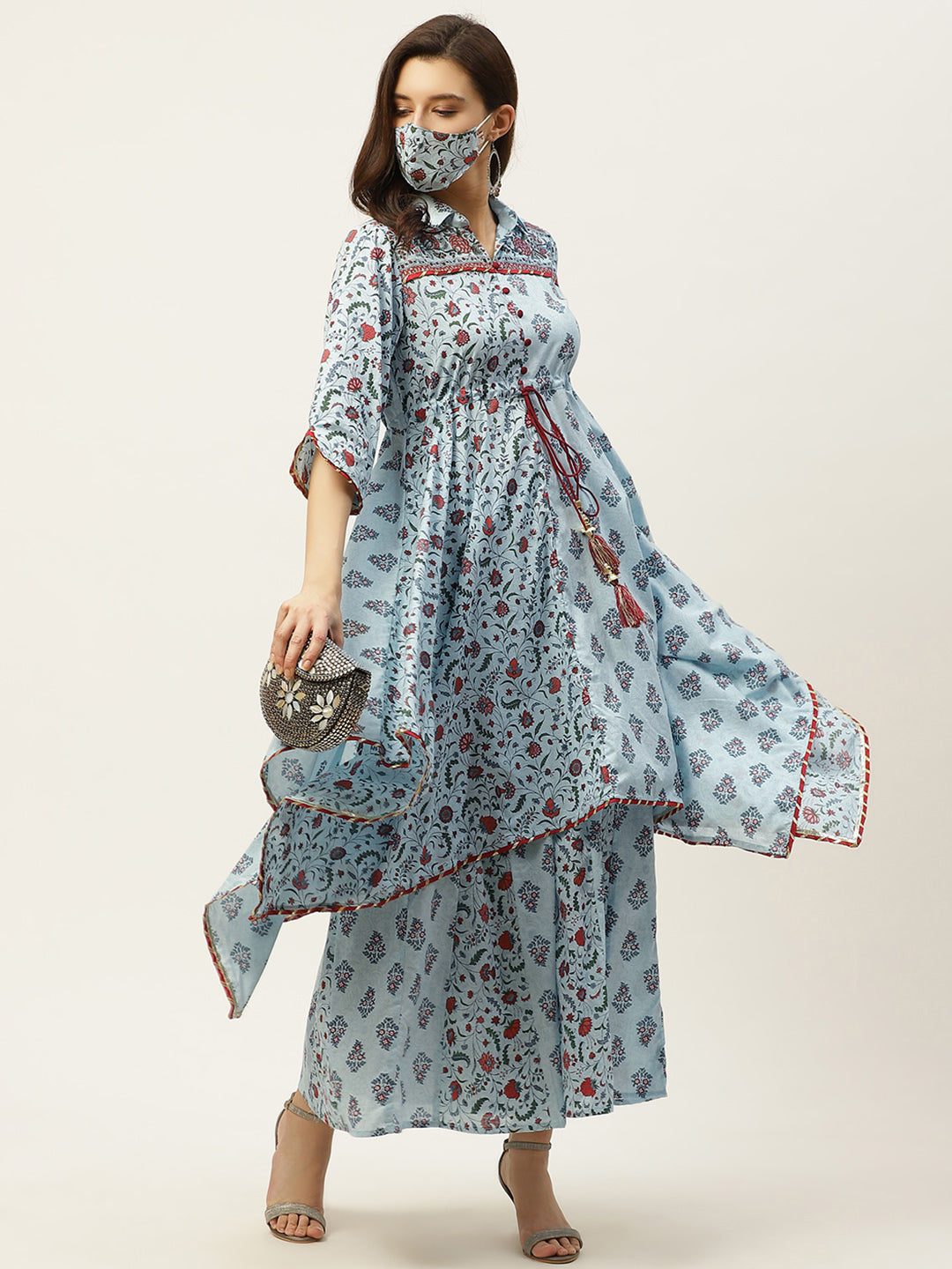 Juniper Women Blue Cambric Printed Asymmetric Clothing Set - Distacart