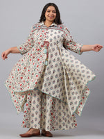 Thumbnail for Juniper Women`s Beige Cambric Fusion Wear Printed Asymmetric Kurta Sets - Distacart