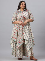 Thumbnail for Juniper Women`s Beige Cambric Fusion Wear Printed Asymmetric Kurta Sets - Distacart