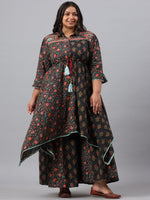 Thumbnail for Juniper Women`s Black Cambric Festive Wear Printed Asymmetric Clothing Set - Distacart