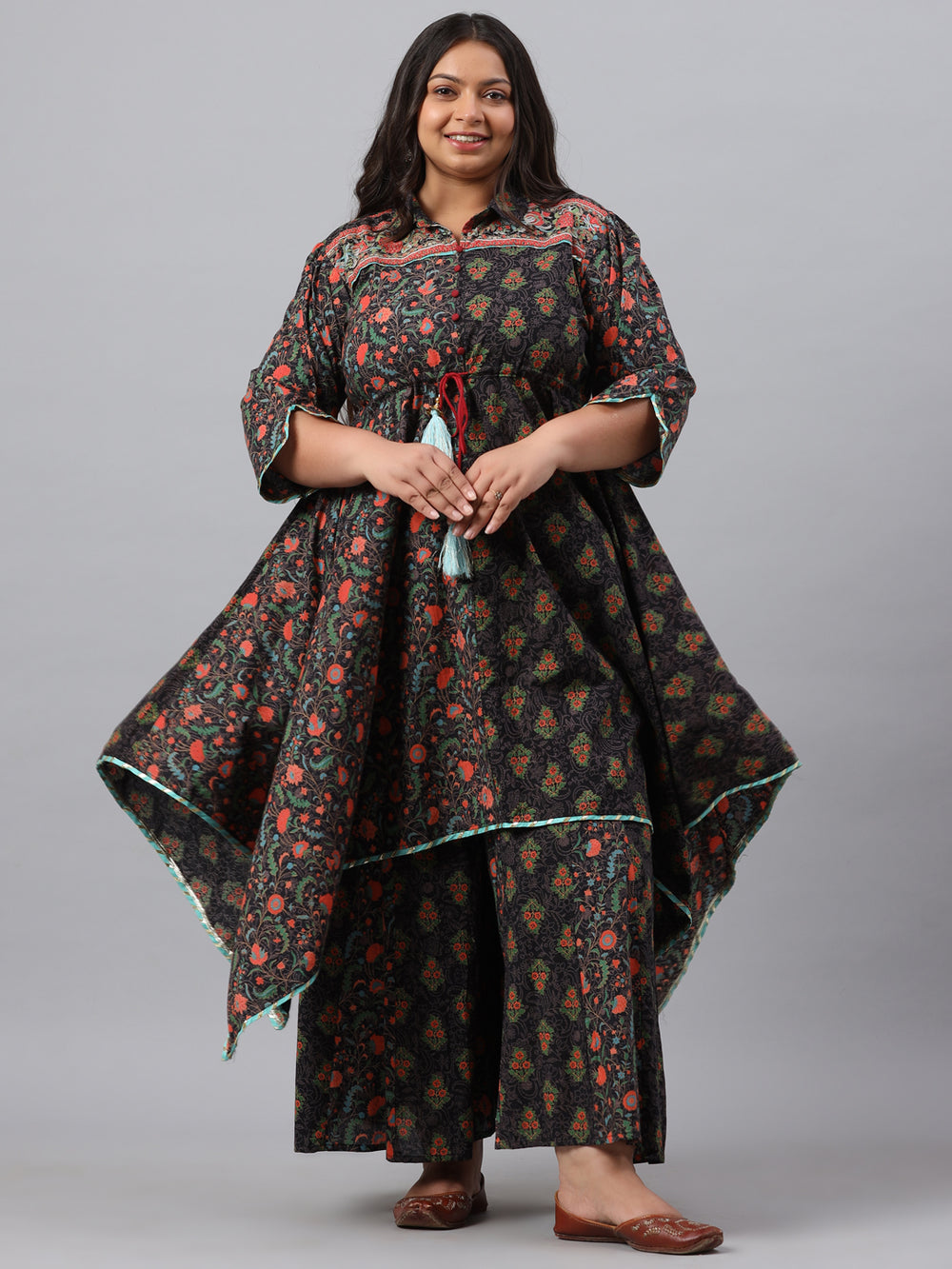 Juniper Women`s Black Cambric Festive Wear Printed Asymmetric Clothing Set - Distacart