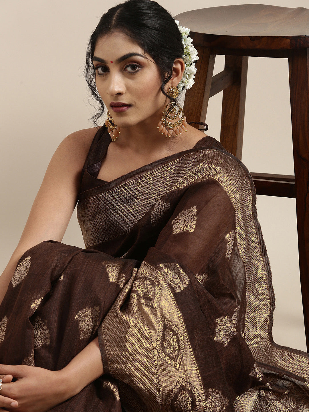 Saree Mall Brown Ethnic Motifs Linen Blend Banarasi Saree - Distacart