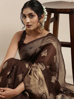 Thumbnail for Saree Mall Brown Ethnic Motifs Linen Blend Banarasi Saree - Distacart