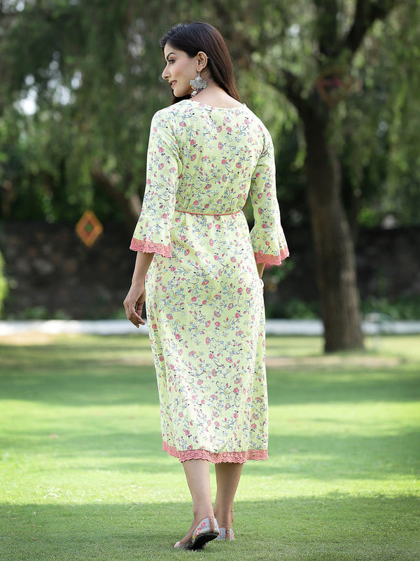 Juniper Women's Limegreen Cambric Embroidered & Printed Jacket Style Kurta - Distacart