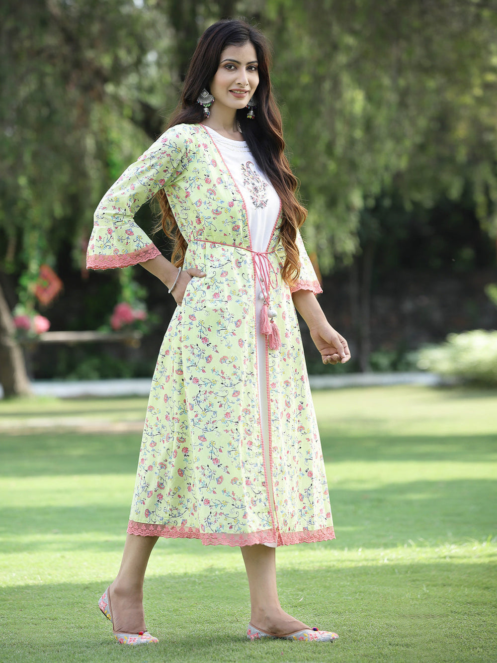 Juniper Women's Limegreen Cambric Embroidered & Printed Jacket Style Kurta - Distacart