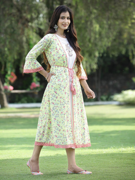 Juniper Women's Limegreen Cambric Embroidered & Printed Jacket Style Kurta - Distacart