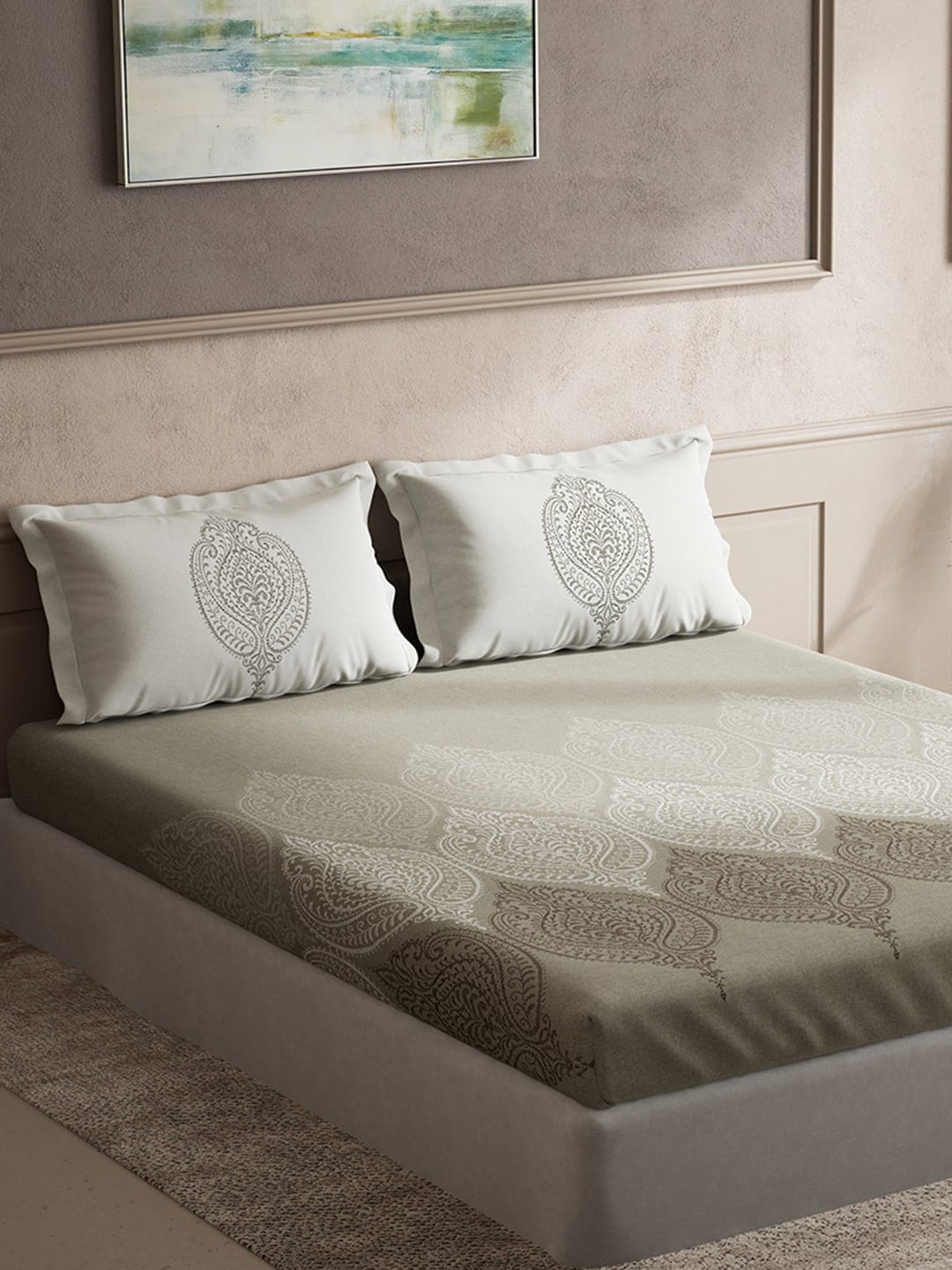 DDecor Grey & White Ethnic Motifs Cotton 140 TC Queen Bedsheet With 2 Pillow Covers - Distacart