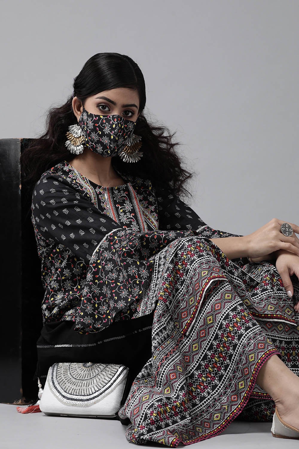 Juniper Women's Black Cambric Printed High-Low Kurta Sets - Distacart