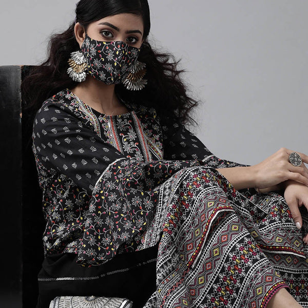 Juniper Women's Black Cambric Printed High-Low Kurta Sets - Distacart