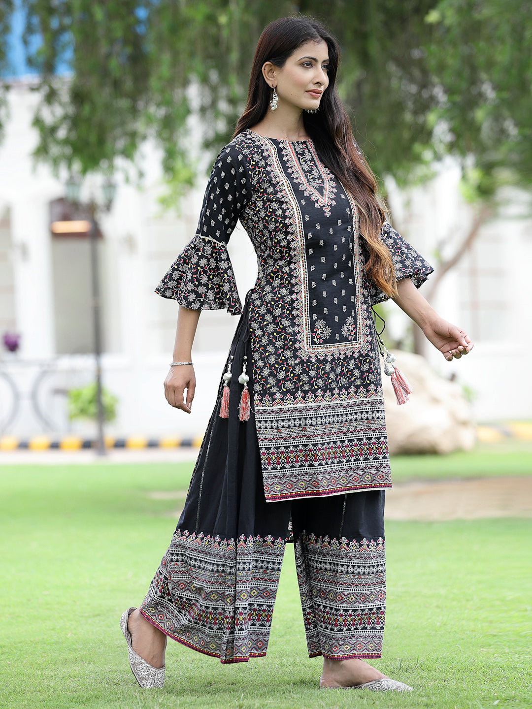Juniper Womens Black Cambric Multicolor Placement Printed Kurta Palazzo Set - Distacart