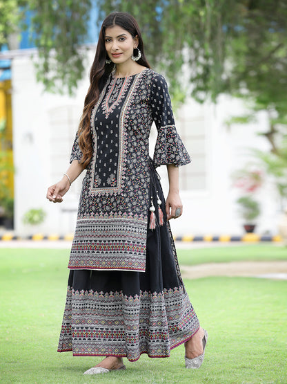 Juniper Womens Black Cambric Multicolor Placement Printed Kurta Palazzo Set - Distacart