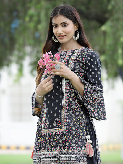 Juniper Womens Black Cambric Multicolor Placement Printed Kurta Palazzo Set - Distacart