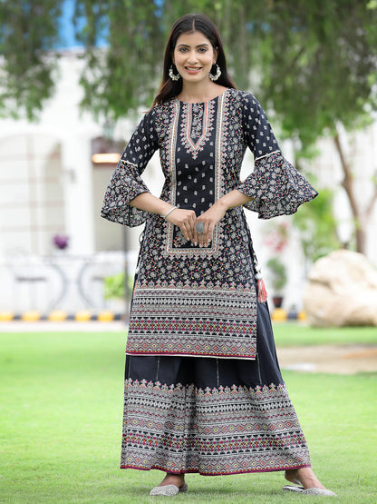 Juniper Womens Black Cambric Multicolor Placement Printed Kurta Palazzo Set - Distacart