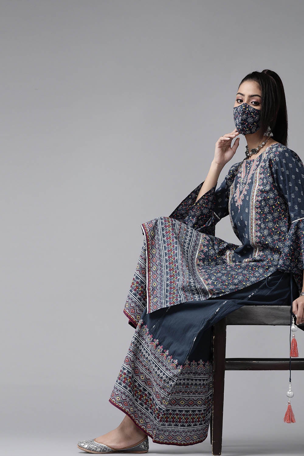 Juniper Women's Indigo Cambric Printed High-Low Kurta Sets - Distacart