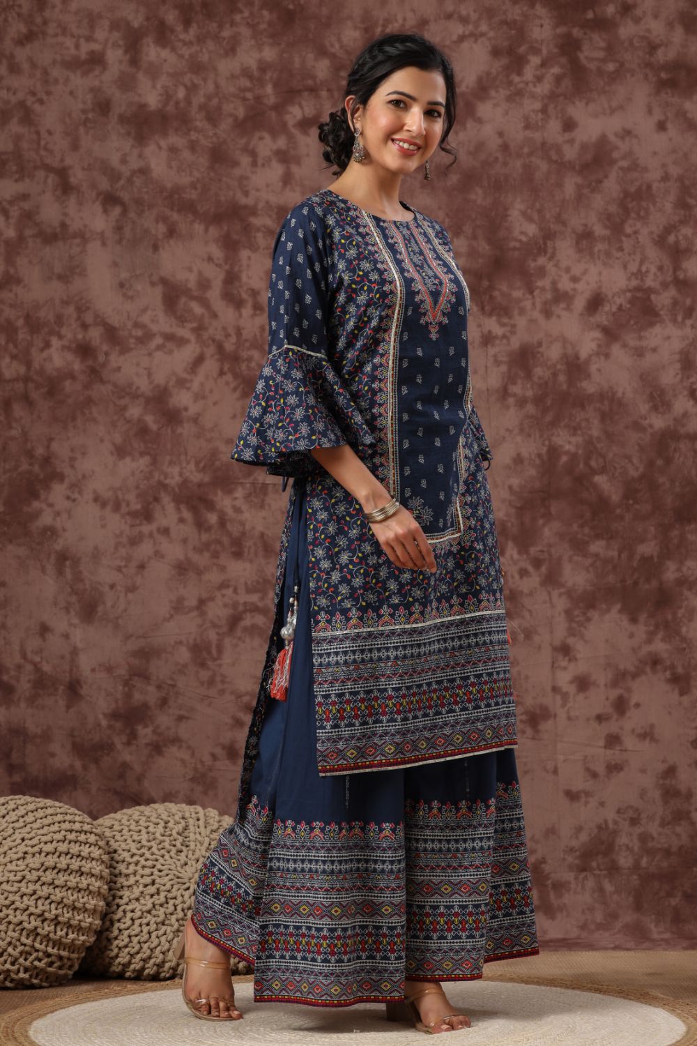 Juniper Womens Indigo Cambric Multicolor Placement Printed Kurta Palazzo Set - Distacart