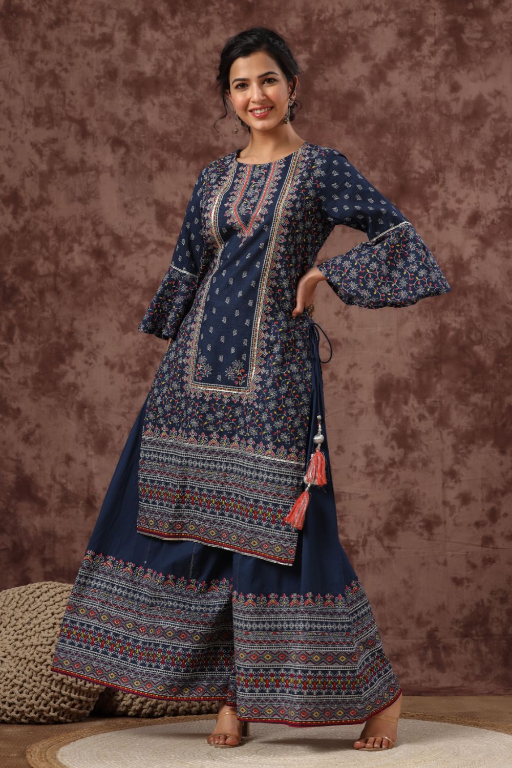 Juniper Womens Indigo Cambric Multicolor Placement Printed Kurta Palazzo Set - Distacart