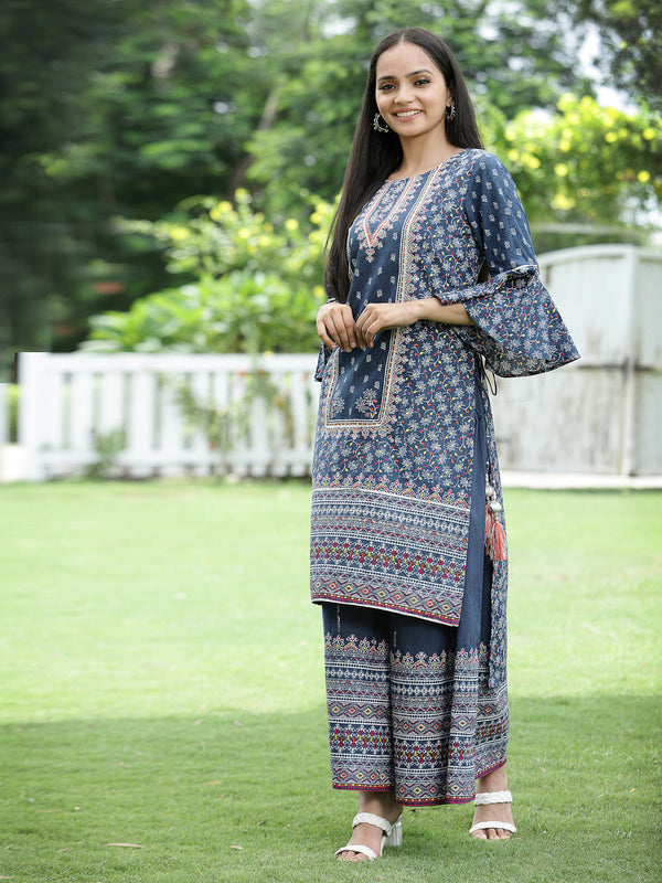 Juniper Women's Indigo Cambric Printed High-Low Kurta Sets - Distacart