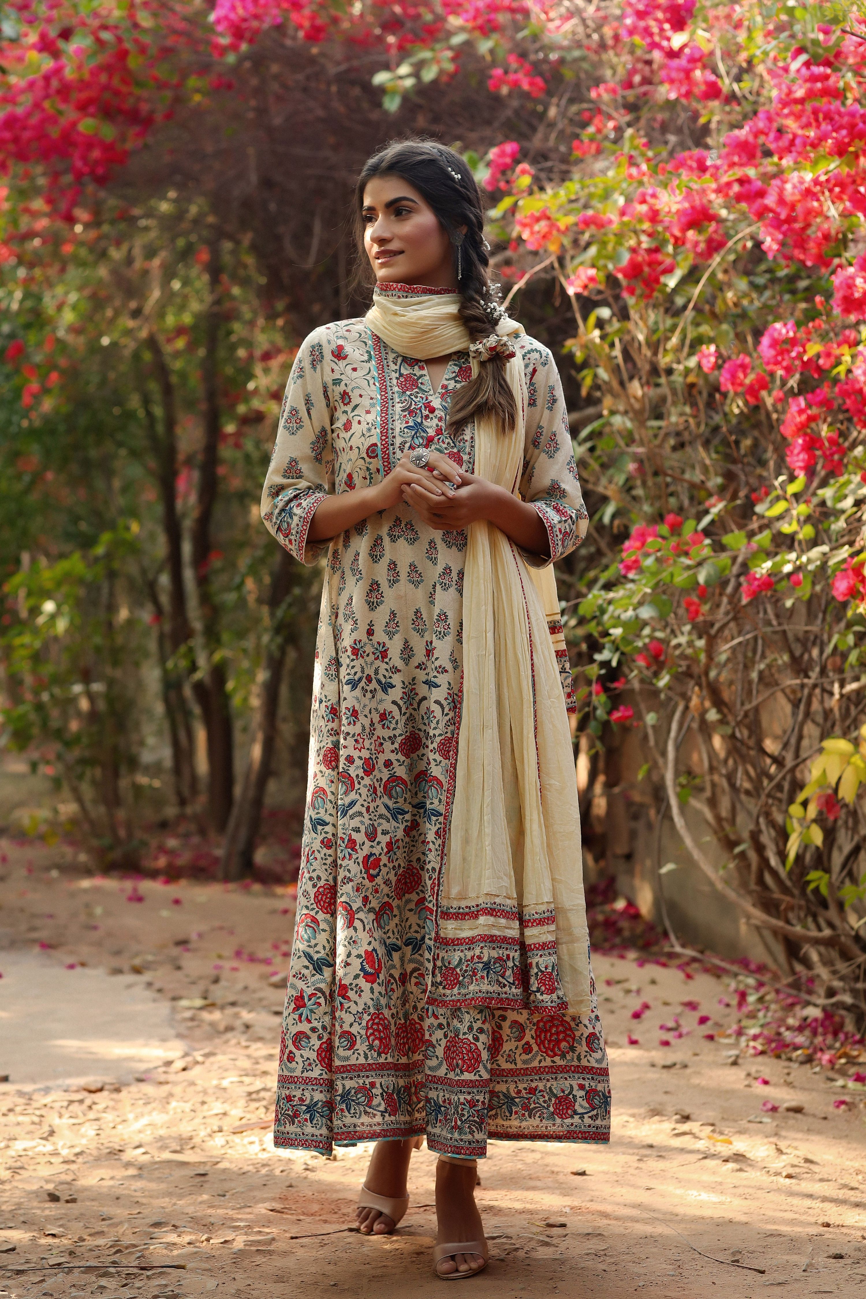 Juniper Women Beige Cambric Printed Flared Dress - Distacart