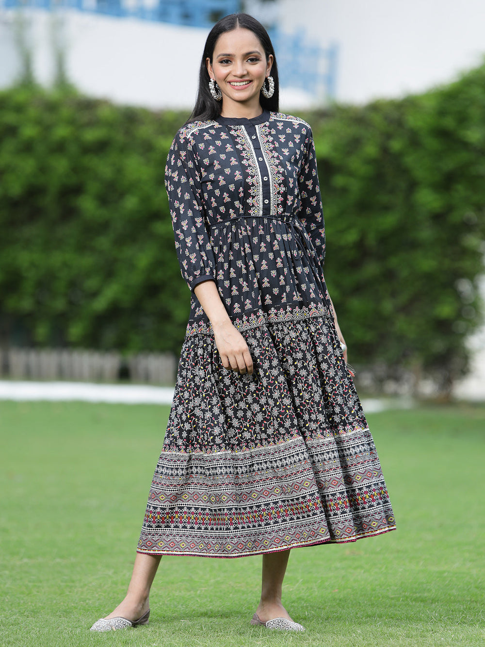 Juniper Women's Black Cambric Printed Tiered Dress - Distacart