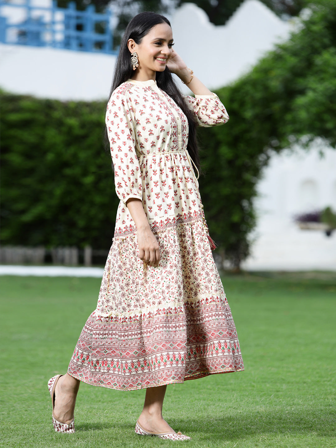Juniper Women Cream Cambric Printed Tiered Dress - Distacart