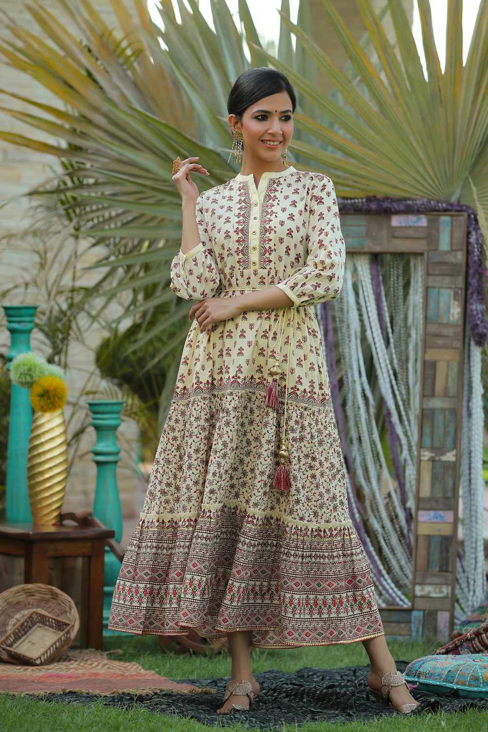 Juniper Women's Cream Cambric Printed Tiered Dress - Distacart