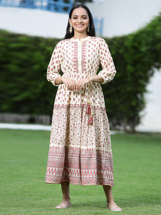 Juniper Women Cream Cambric Printed Tiered Dress - Distacart