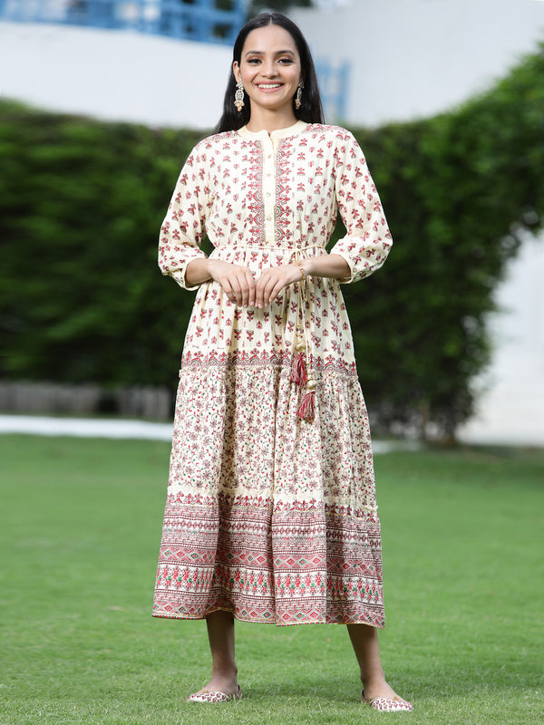 Juniper Women Cream Cambric Printed Tiered Dress - Distacart