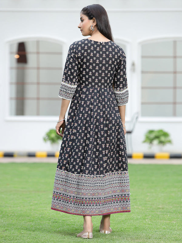 Juniper Women's Black Cambric Printed Anarkali Dress - Distacart