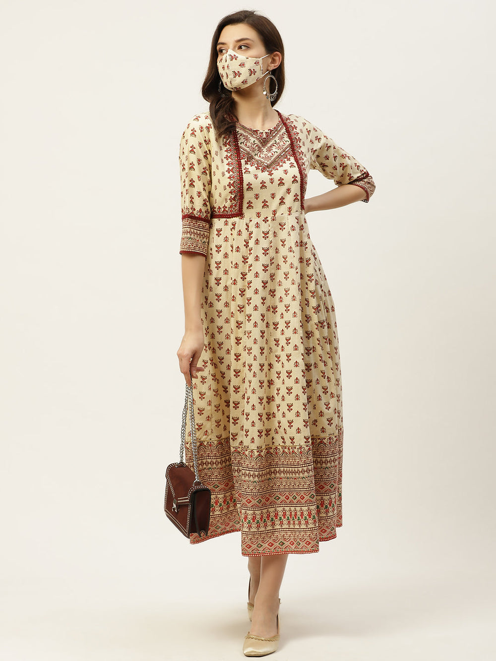 Juniper Women's Cream Cambric Printed Anarkali Dress - Distacart