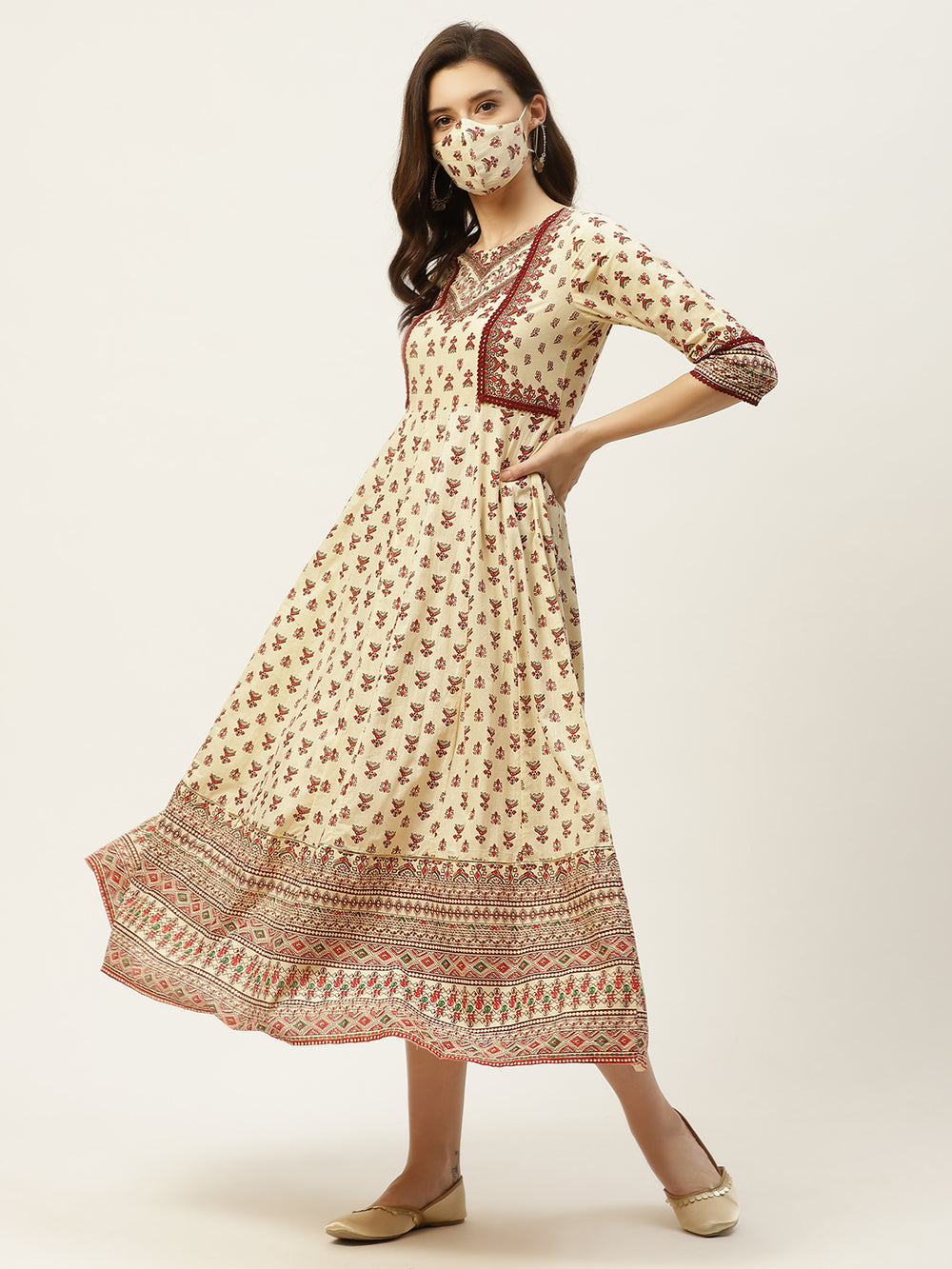 Juniper Women's Cream Cambric Printed Anarkali Dress - Distacart