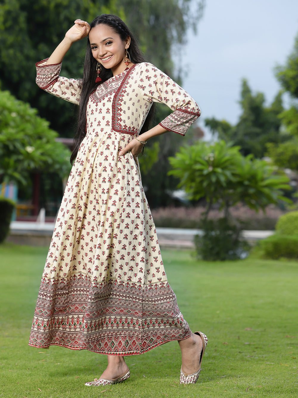 Juniper Women's Cream Cambric Printed Anarkali Dress - Distacart