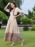 Thumbnail for Juniper Women's Cream Cambric Printed Anarkali Dress - Distacart