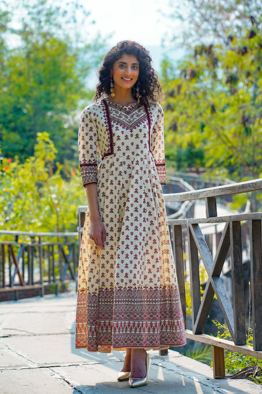 Juniper Women's Cream Cambric Printed Anarkali Dress - Distacart