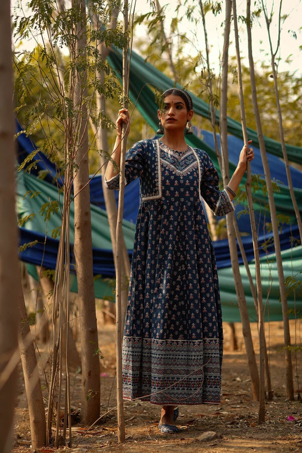 Juniper Women's Indigo Cambric Printed Anarkali Dress - Distacart