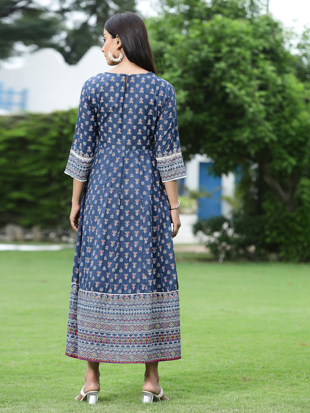 Juniper Women's Indigo Cambric Printed Anarkali Dress - Distacart