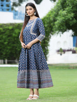 Thumbnail for Juniper Women's Indigo Cambric Printed Anarkali Dress - Distacart