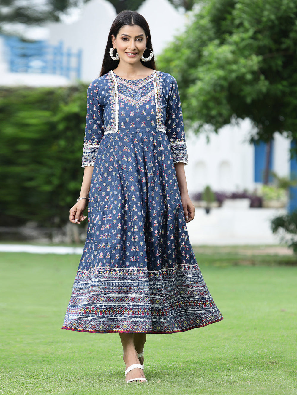 Juniper Women's Indigo Cambric Printed Anarkali Dress - Distacart