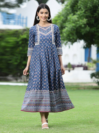 Juniper Women's Indigo Cambric Printed Anarkali Dress - Distacart