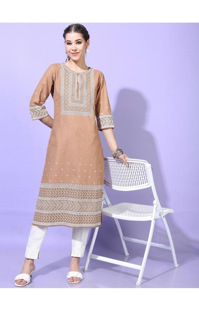 Maai Rayon Hand Printed Kurta Beige - Distacart
