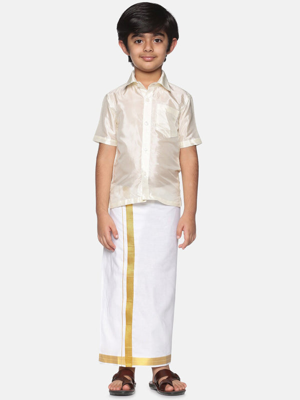 Sethukrishna Boys Cream-Coloured & Gold-Toned Shirt with Dhoti Set - Distacart