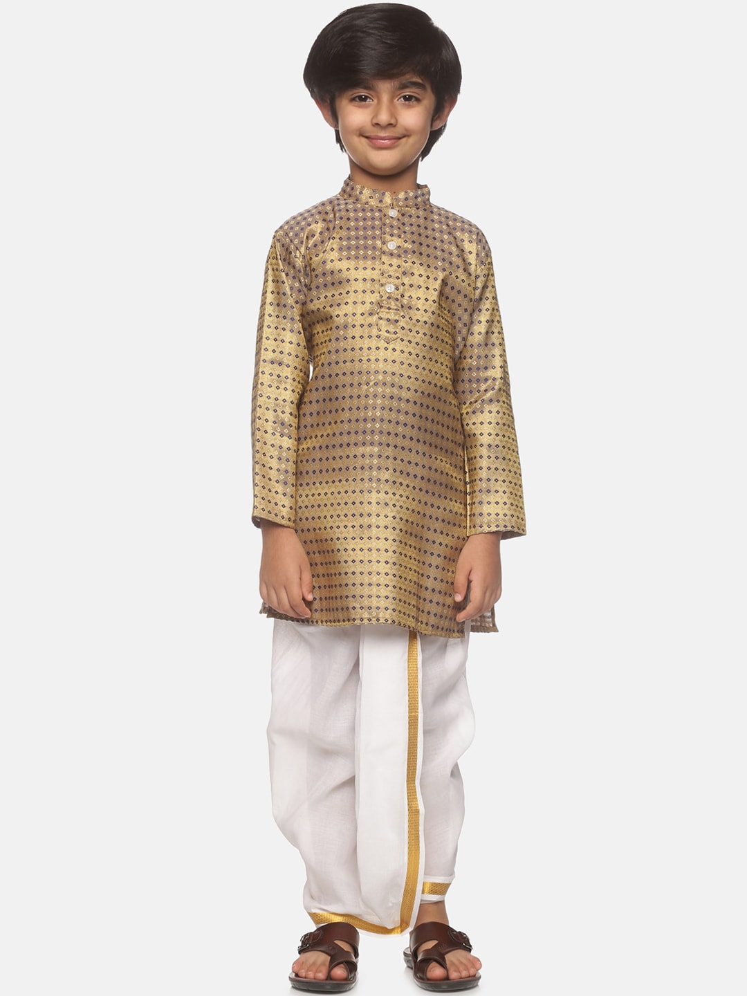 Sethukrishna Boys Gold-Toned Printed Angrakha Kurta with Dhoti Pants - Distacart