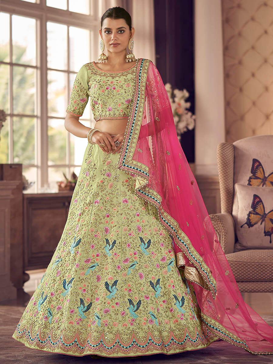 Myra Pista Green Art Silk Heavy Embroidered Lehenga - Distacart